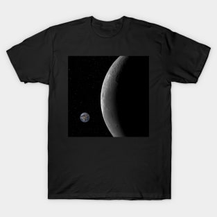 Moon and the small planet Earth against starry night sky background T-Shirt